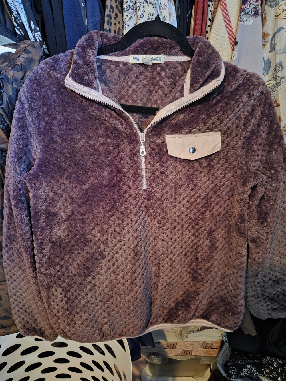 WALLFLOWER Plush Zip-Front Pullover in Plum and Pink